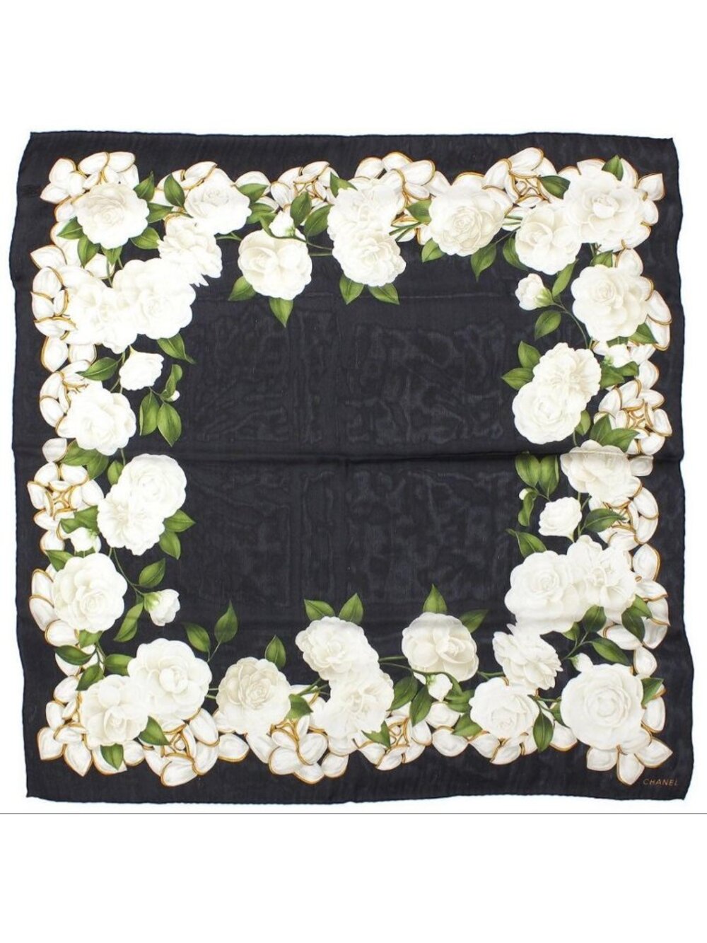 Chanel Camellia Pattern Flower Sheer Silk Scarf
